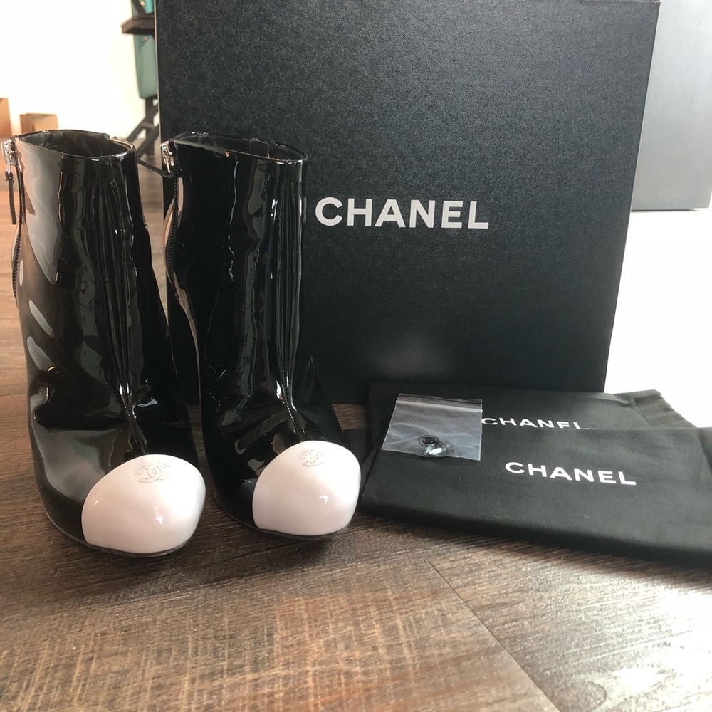Chanel black patent leather booties
